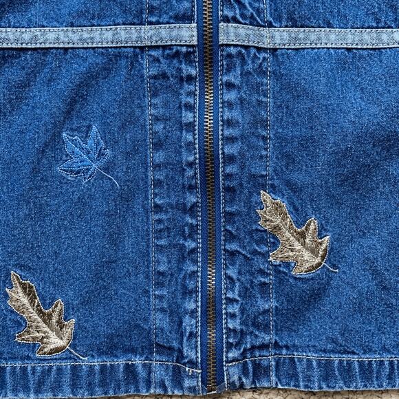 Vintage 90s Denim Jumper Dress Zip Front Autumn Leaf Embroidery Sleeveless Plus - Picture 10 of 12